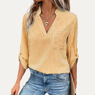 Classic Striped Pattren V Neck Half Sleeve Top: Black / XL