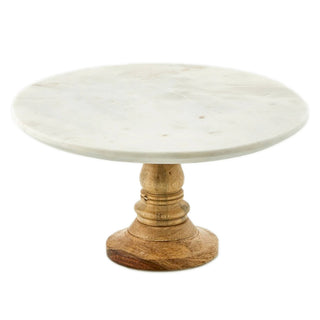 Lg. White Marble Cake Plate W/Mango Wood Stand