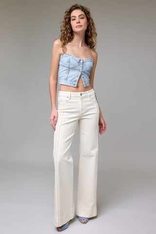 Ivory Pintuck Mid Rise Comfort Flare Jeans