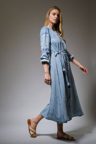 Denim Embroidered Maxi Dress