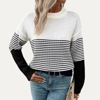 Casual and Basic Black Striped Round Neck Knit Top: Black Multi / L