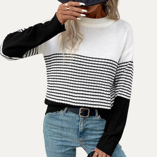 Casual and Basic Black Striped Round Neck Knit Top: Black Multi / M
