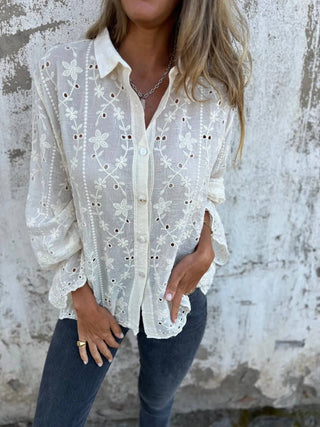 Floral Embroidery Eyelet Blouse