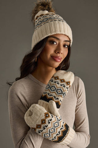 Cream, Black & Camel Patterned Pom Hat
