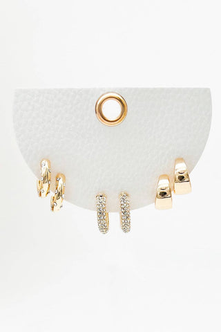 Set of Three Gold Rhinestone and Huggie Hoop, .5", 1.25" Earrings