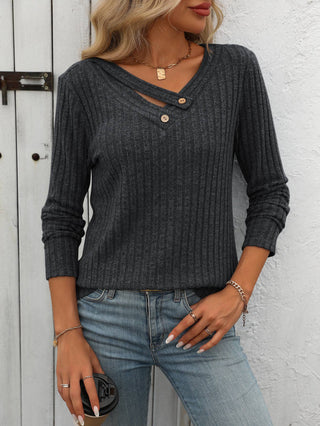 Ribbed Knit V Neck Button Detail Long Sleeve Top G5-TP8083: Black / XL