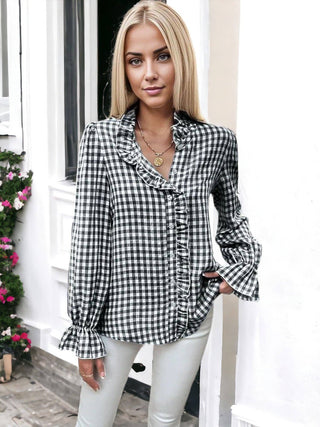 Black and White Gingham Blouse with Ruffle Trim
