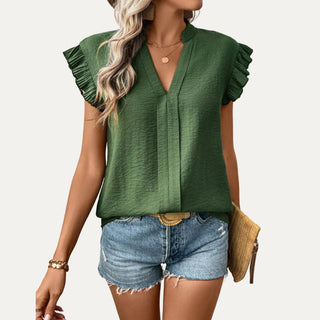 Green V-Neck Ruffled Blouse