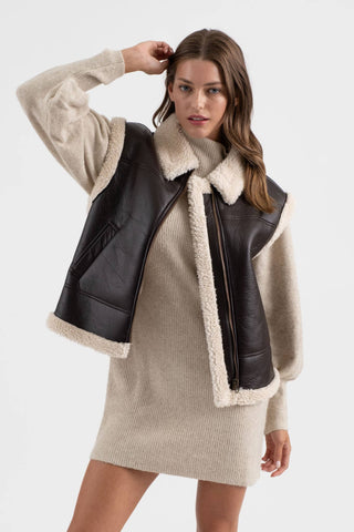 FAUX LEATHER SHEARLING VEST: DARK BROWN