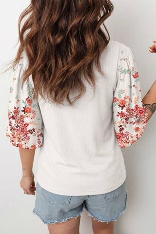 Ribbed Floral Print Patchwork Top