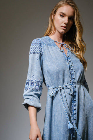 Denim Embroidered Maxi Dress