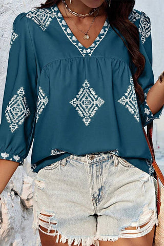 Summer 3/4 Sleeve Vintage Floral Print V-neck Top AXR108: Black / XL
