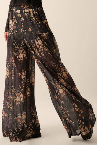 Floral Mesh Elastic-Waist Wide-Leg Pants: Black / L