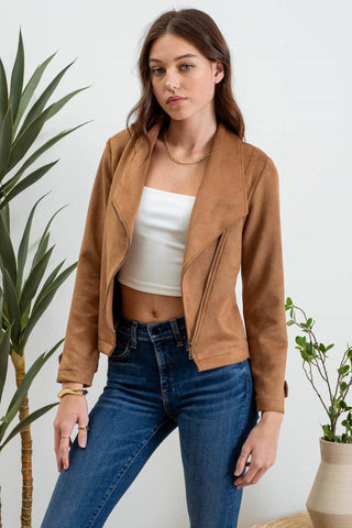 FAUX SUEDE ZIP UP MOTO JACKET: BLACK