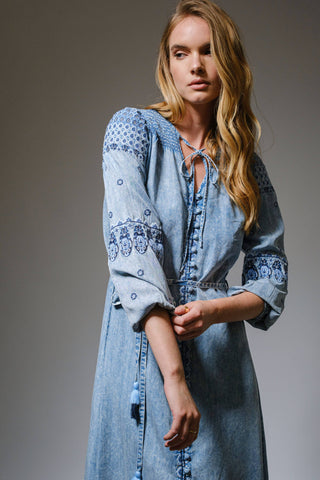 Denim Embroidered Maxi Dress