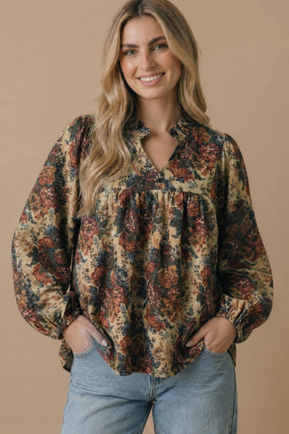 Vintage Floral Bubble Sleeve Blouse