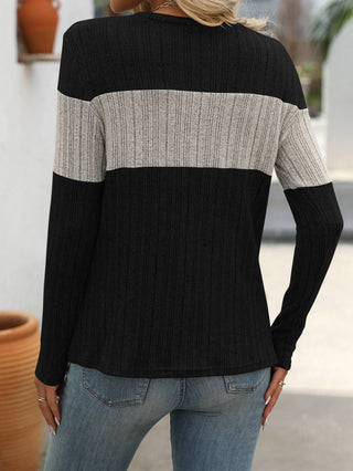 Ribbed Knit Color Block Long Sleeve Top G5-TP8082: Black / L
