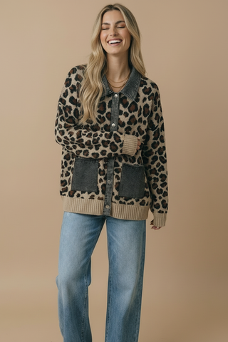 Denim Leopard Jacquard Twofer Cardigan