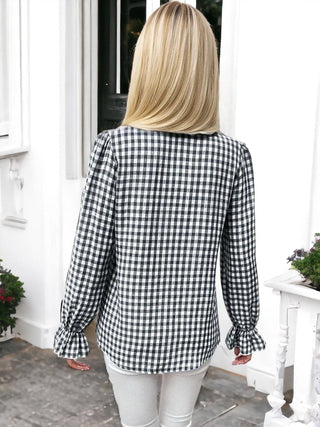 Black and White Gingham Blouse with Ruffle Trim