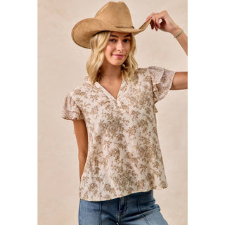 Print & Woven Ruffle Sleeve Blouse