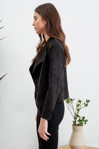 FAUX SUEDE ZIP UP MOTO JACKET: BLACK