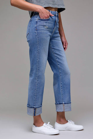Medium Wash Cuffed High Rise Straight