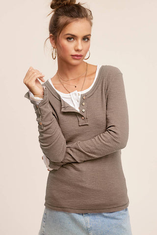 JAT7559-Ribbed Henley Stitched Spring Fall Long Sleeve Top: M / Ivory