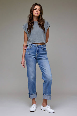 Medium Wash Cuffed High Rise Straight
