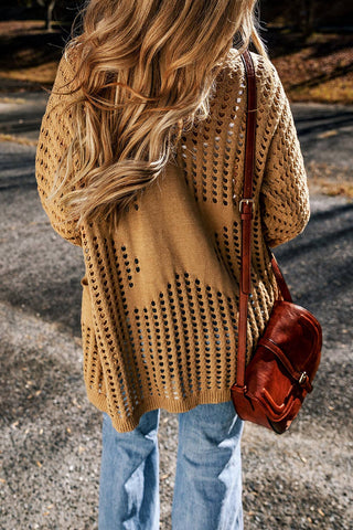 Crochet Star Pocketed Dolman Cardigan: Camel / 55%Acrylic+45%Cotton / L