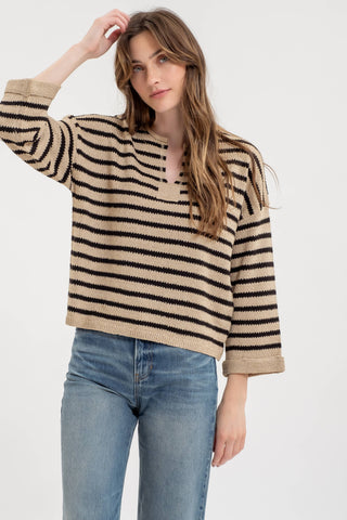 STRIPE SPLIT NECK LONG SLEEVE KNIT SWEATER: BLACK
