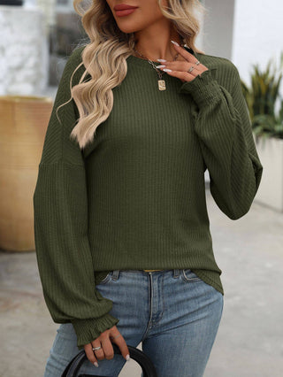 Ribbed Knit Long Sleeve Top G5-TP8084: Olive / S