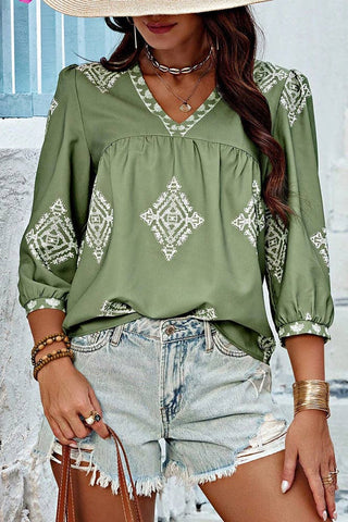 Summer 3/4 Sleeve Vintage Floral Print V-neck Top AXR108: Black / L