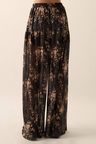 Floral Mesh Elastic-Waist Wide-Leg Pants: Black / L