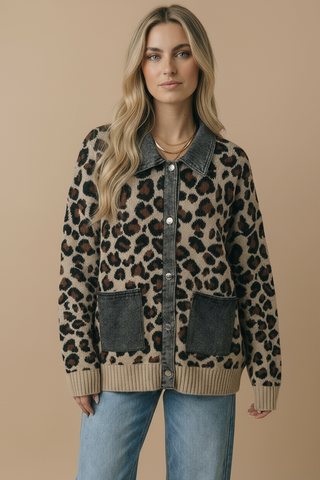 Denim Leopard Jacquard Twofer Cardigan