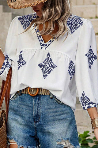 Summer 3/4 Sleeve Vintage Floral Print V-neck Top AXR108: Black / L