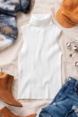 RIB KNIT SLEEVELESS TURTLE NECK TOP: CAMEL / S/M-3:M/L-3