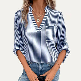 Classic Striped Pattren V Neck Half Sleeve Top: Black / L