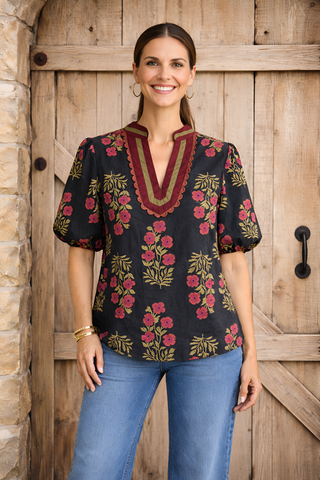 Black Floral Bubble Sleeve Top