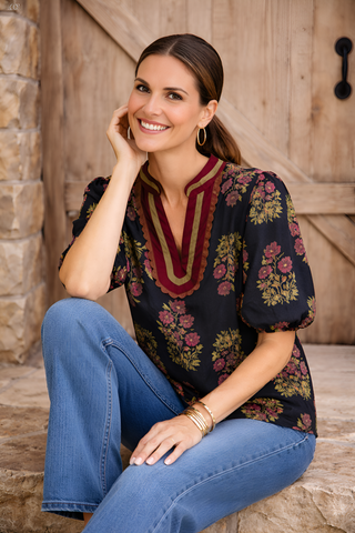Black Floral Bubble Sleeve Top