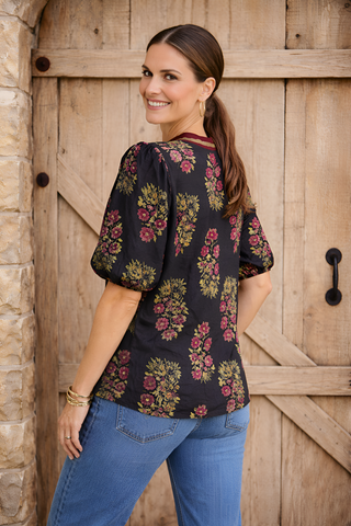 Black Floral Bubble Sleeve Top