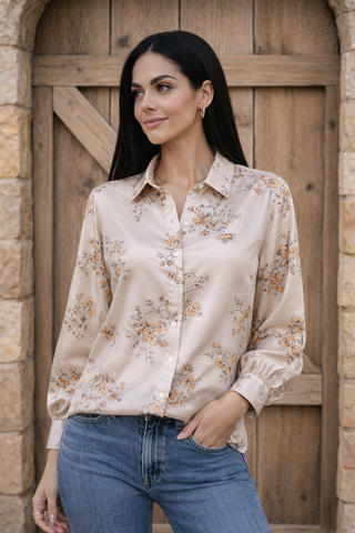 Floral Silky Button-Up Blouse