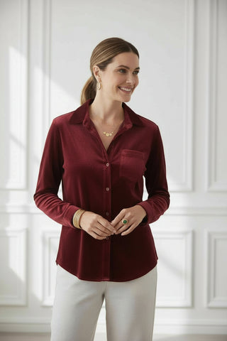Red Velvet Button Up Blouse