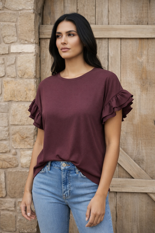 Ruffle Sleeve Crew Neck Tee