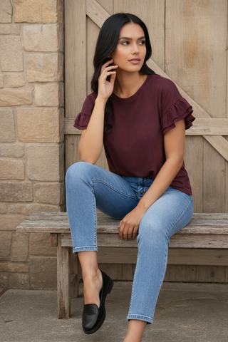 Ruffle Sleeve Crew Neck Tee