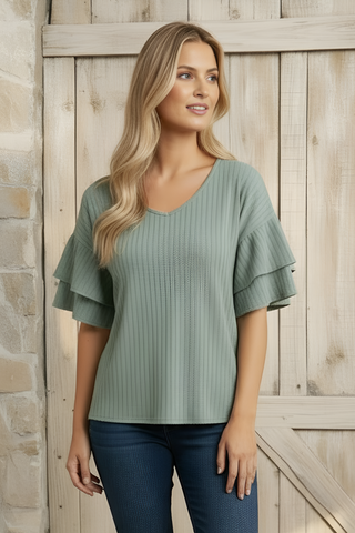 Spring Sage Ruffle Sleeve Blouse
