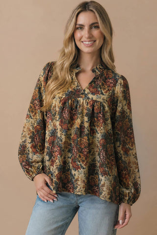 Vintage Floral Bubble Sleeve Blouse