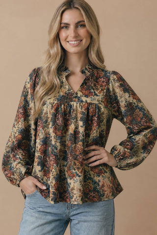 Vintage Floral Bubble Sleeve Blouse