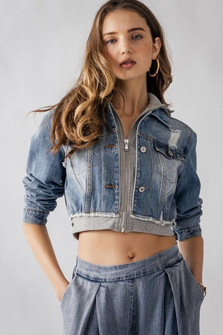 Cropped Hooded Denim Jacket