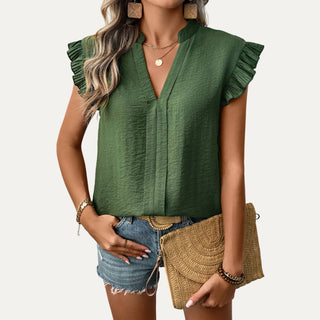 Green V-Neck Ruffled Blouse