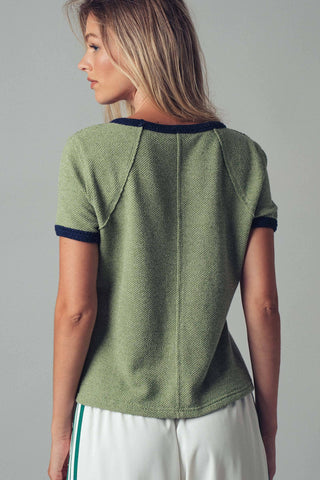 Navy and Green Crew Neck Knit Top